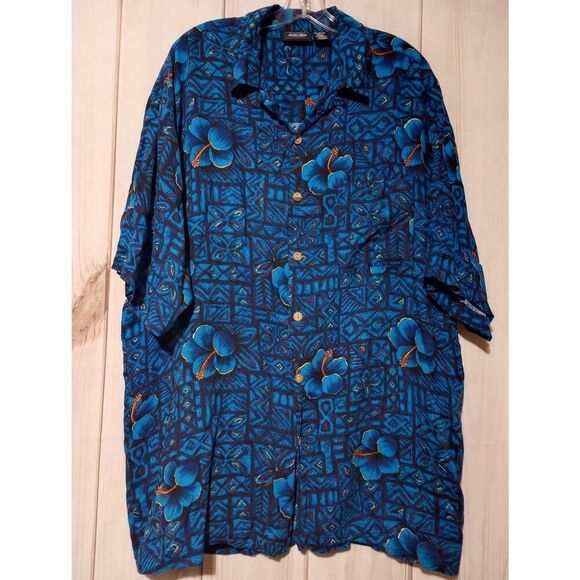 Anchor Blue Shirt Men's 2xl Blue Hibiscus Hawaiian Button Front Short Sleeve - Picture 1 of 7